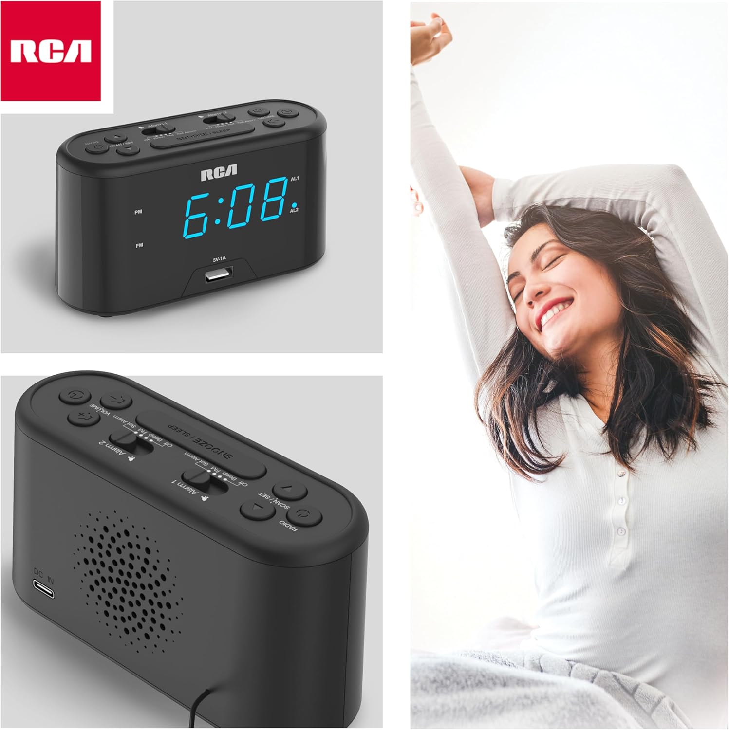 RCA RC571 Digital Alarm Clock Radio with USB Charging and FM Radio