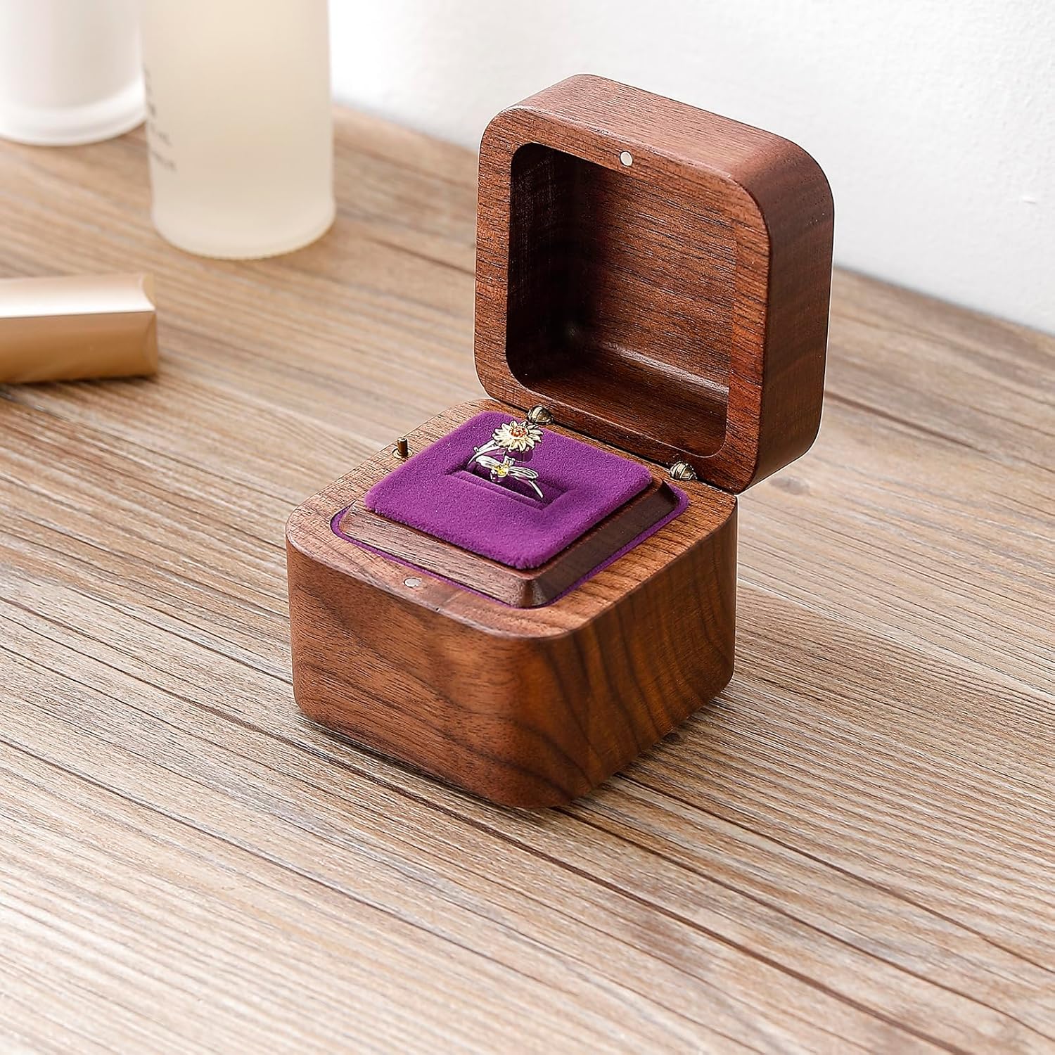 Walnut Wood Music Box Proposal Ring with You Are My Sunshine Tune