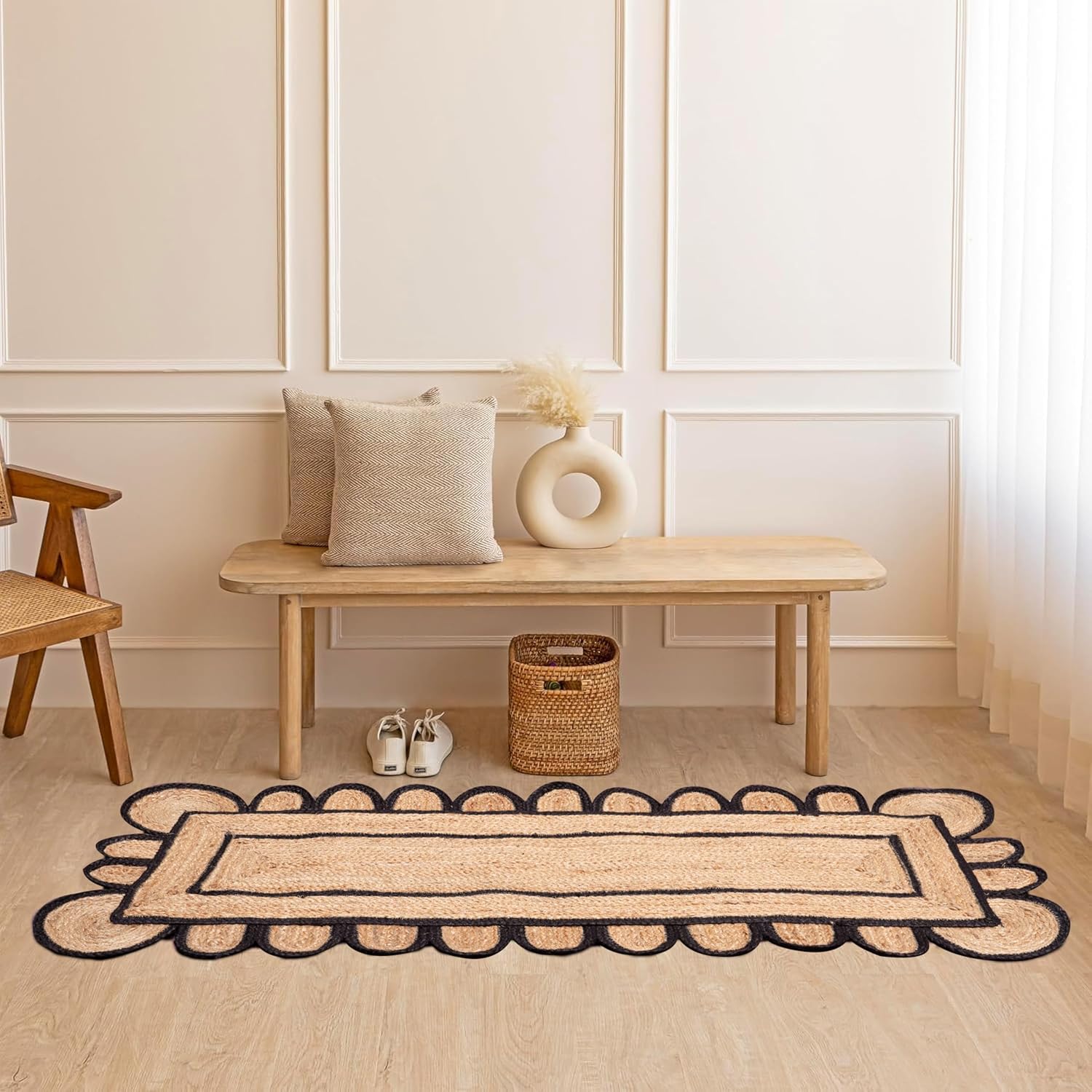 SSE Scalloped Jute Area Rug 2x6 Feet Reversible Handwoven