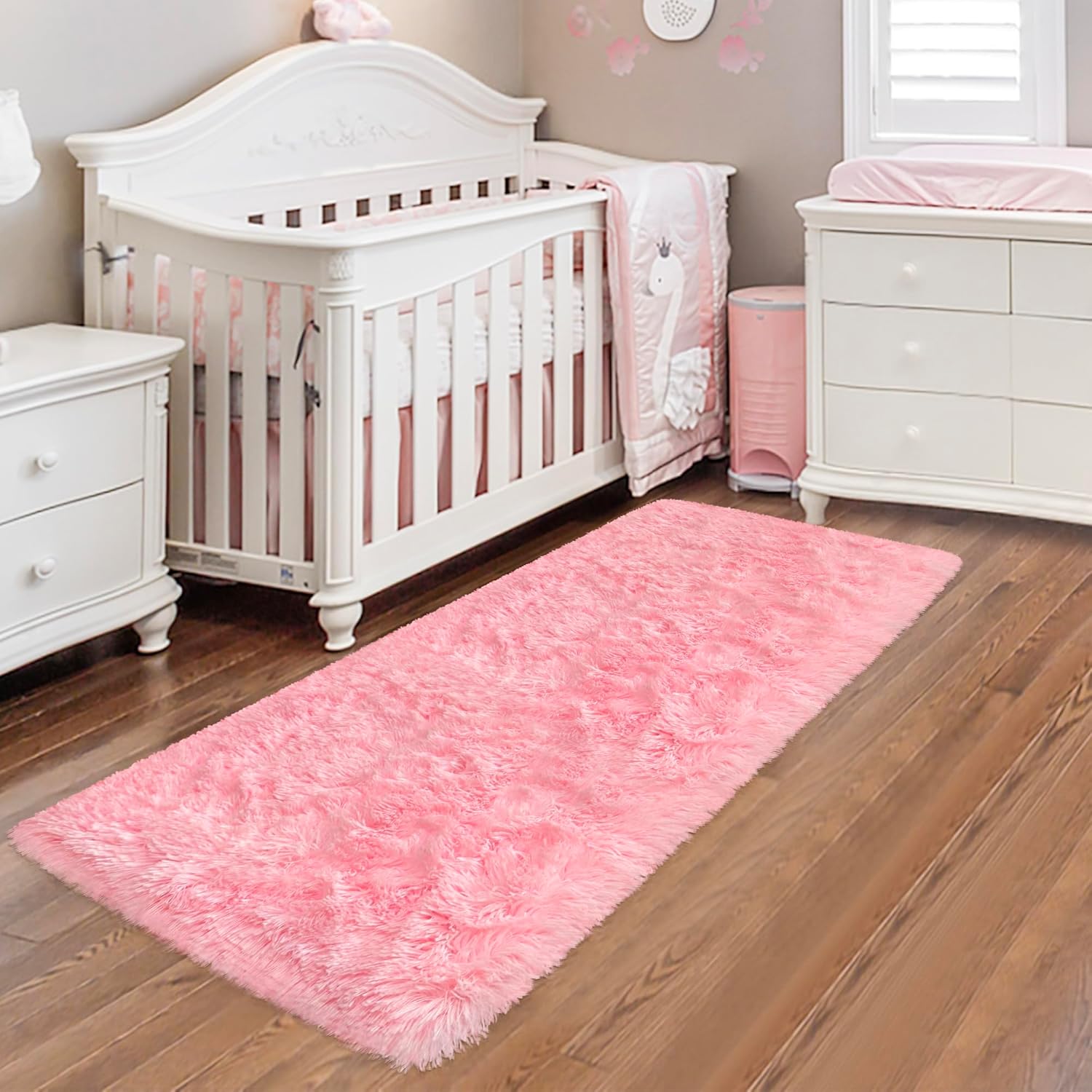 Pink Fluffy Shaggy Runner Rug for Bedroom and Hallway
