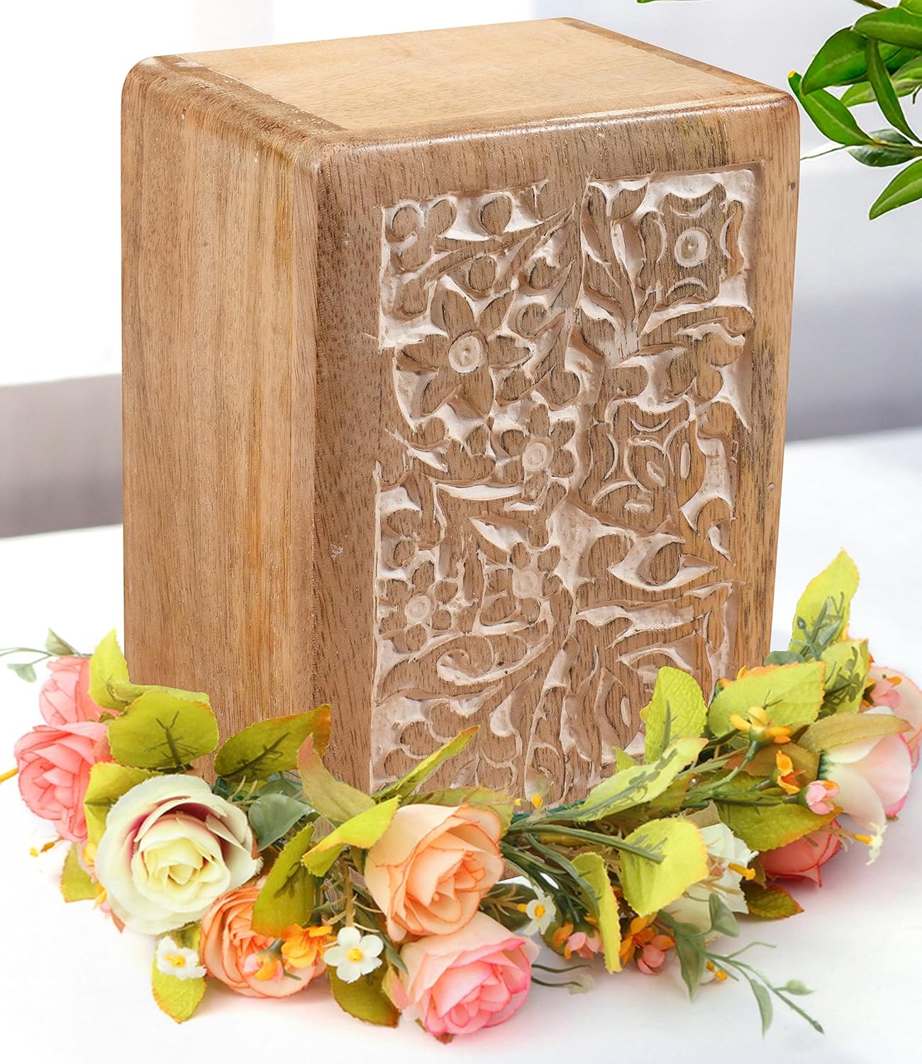 The Wooden Town Hand-Carved Cremation Urn Box - White Wash