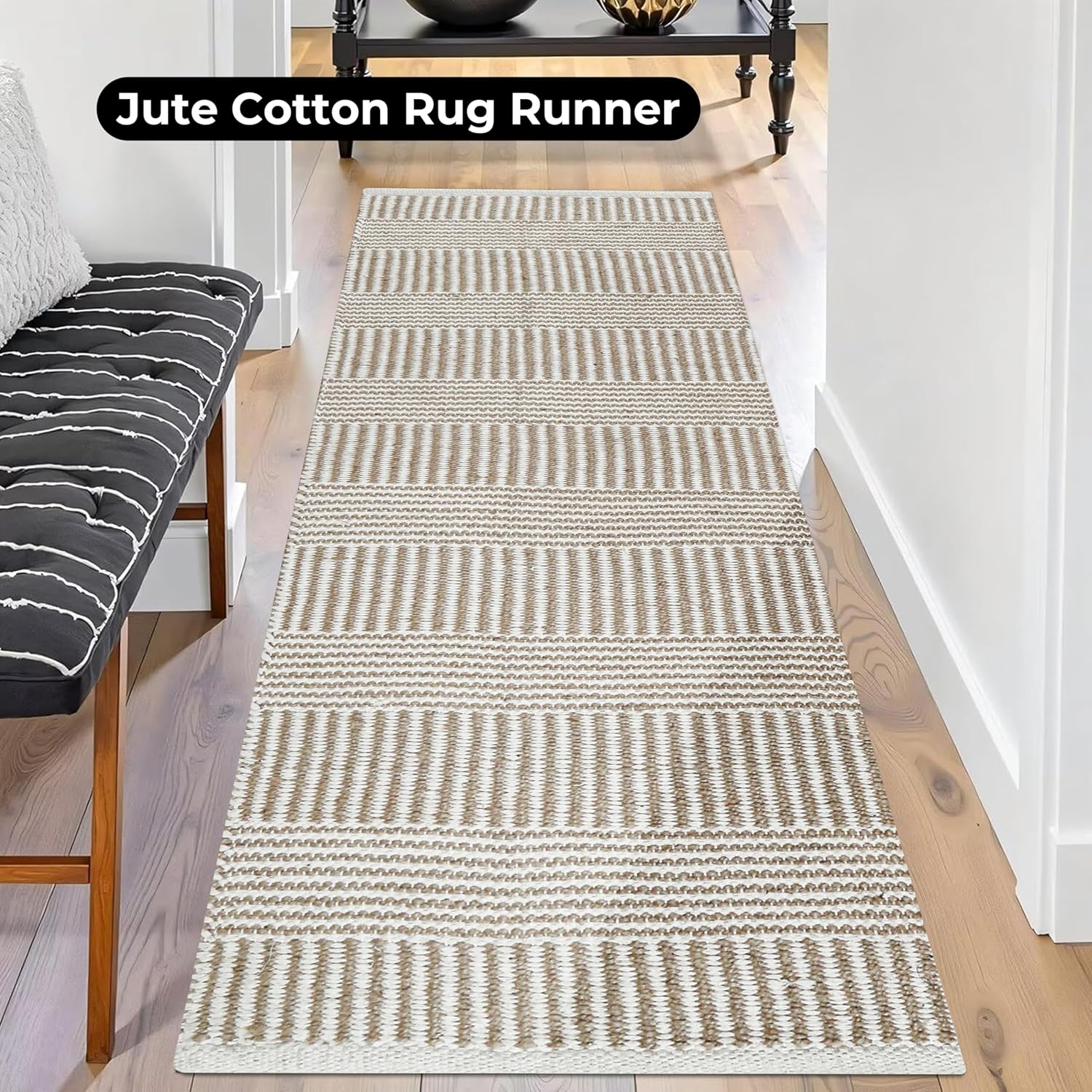 Bedding Craft Jute Cotton Stripe Area Rug Runner 24x72 Inch Natural Ivory