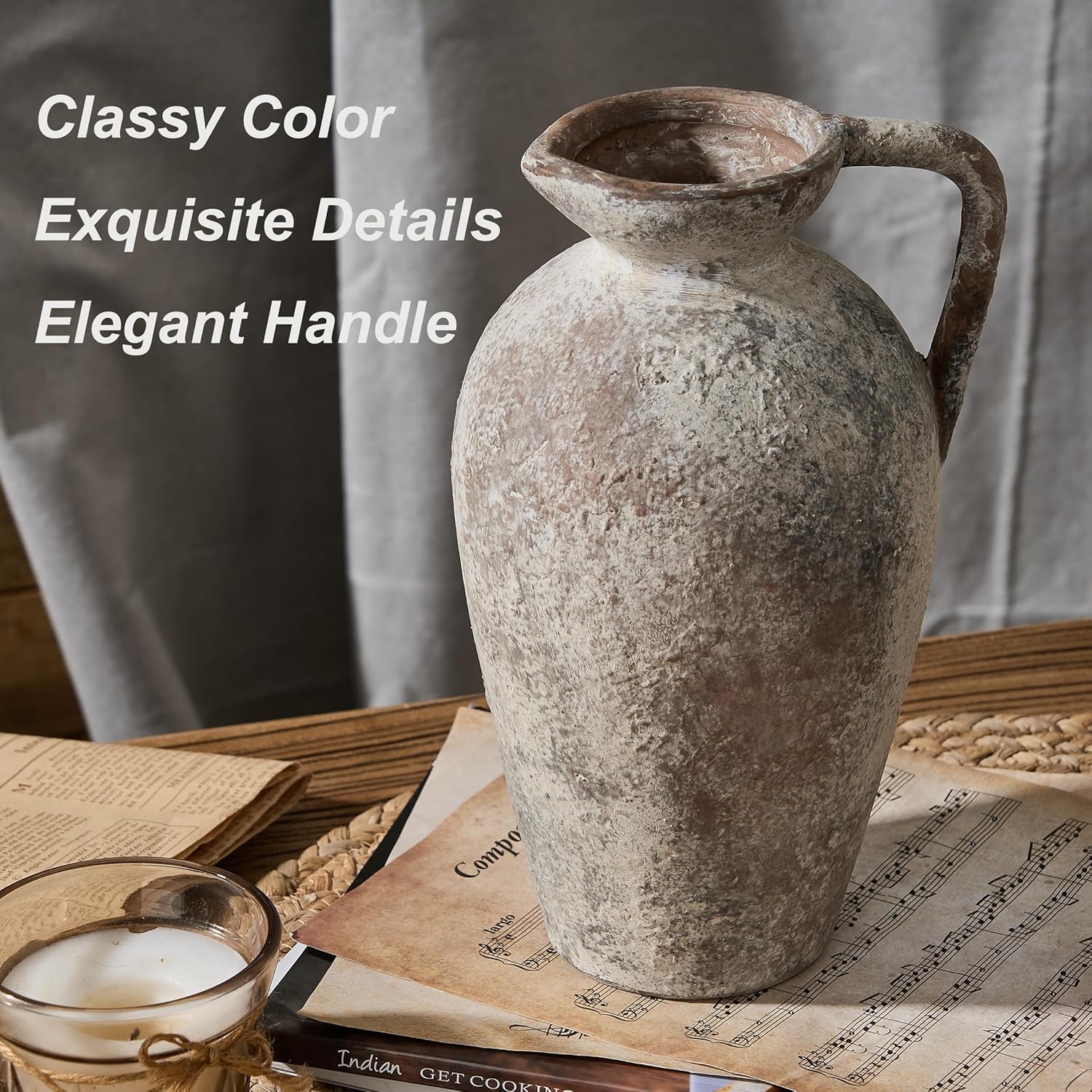 PORCER 93 Inch Antique Gray Ceramic Vase with Handle