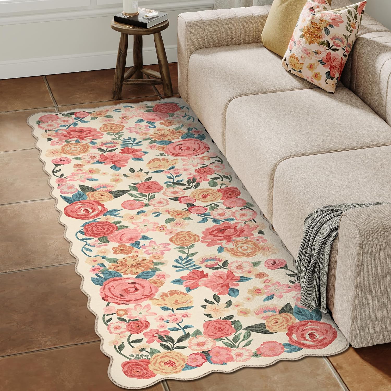 PureCozy Washable Floral Runner Rug 2x6 Beige