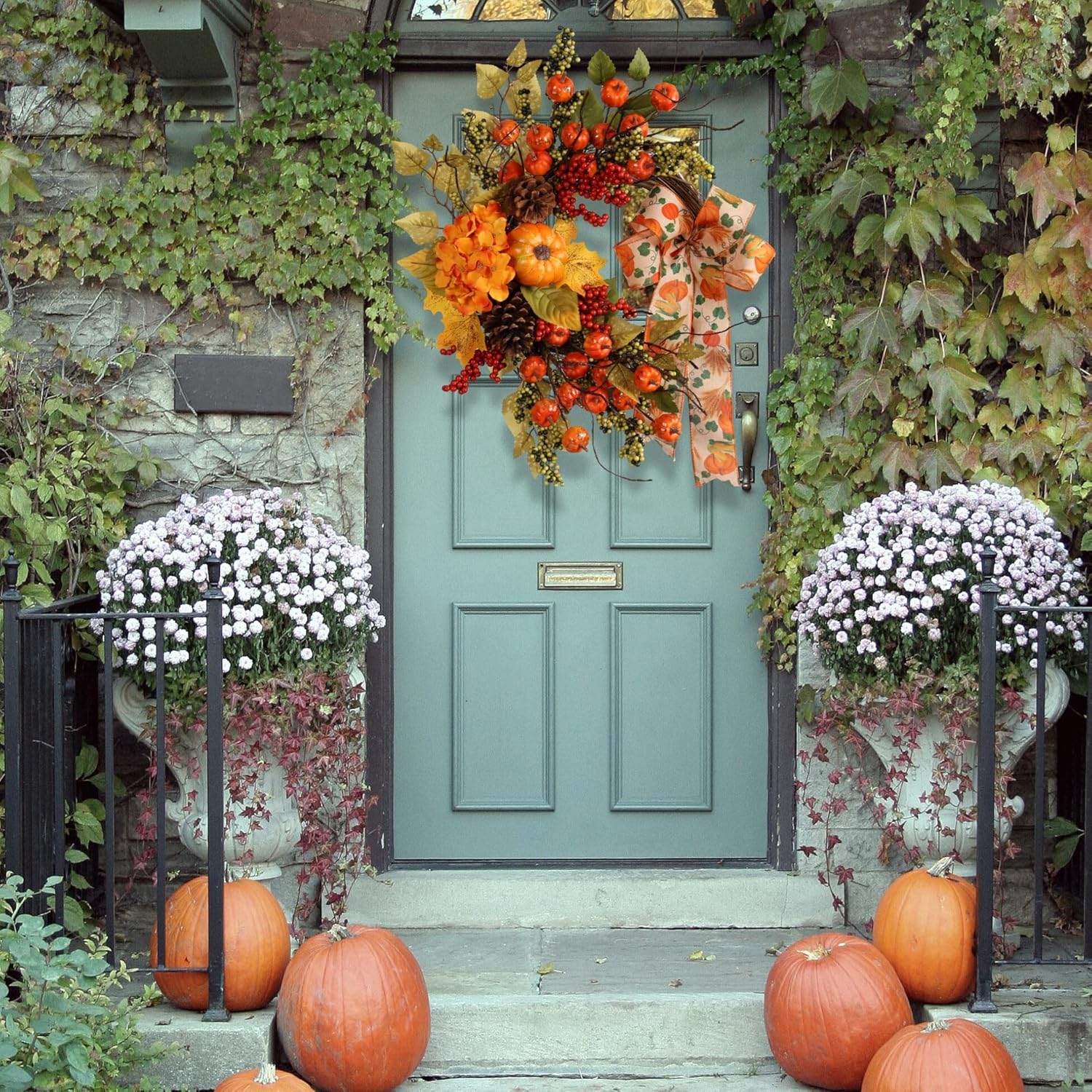 22 Inch Fall Artificial Wreath with Pumpkins and Berries