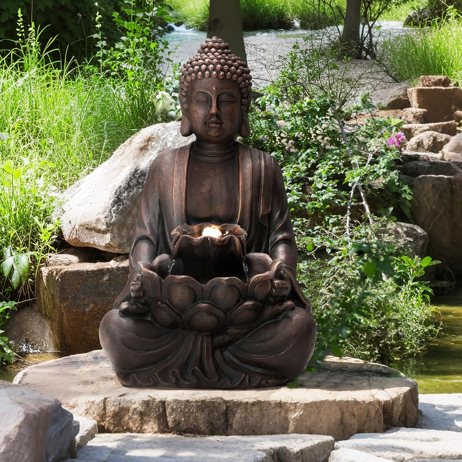 Glitzhome Zen Buddha Fountain with LED Lights