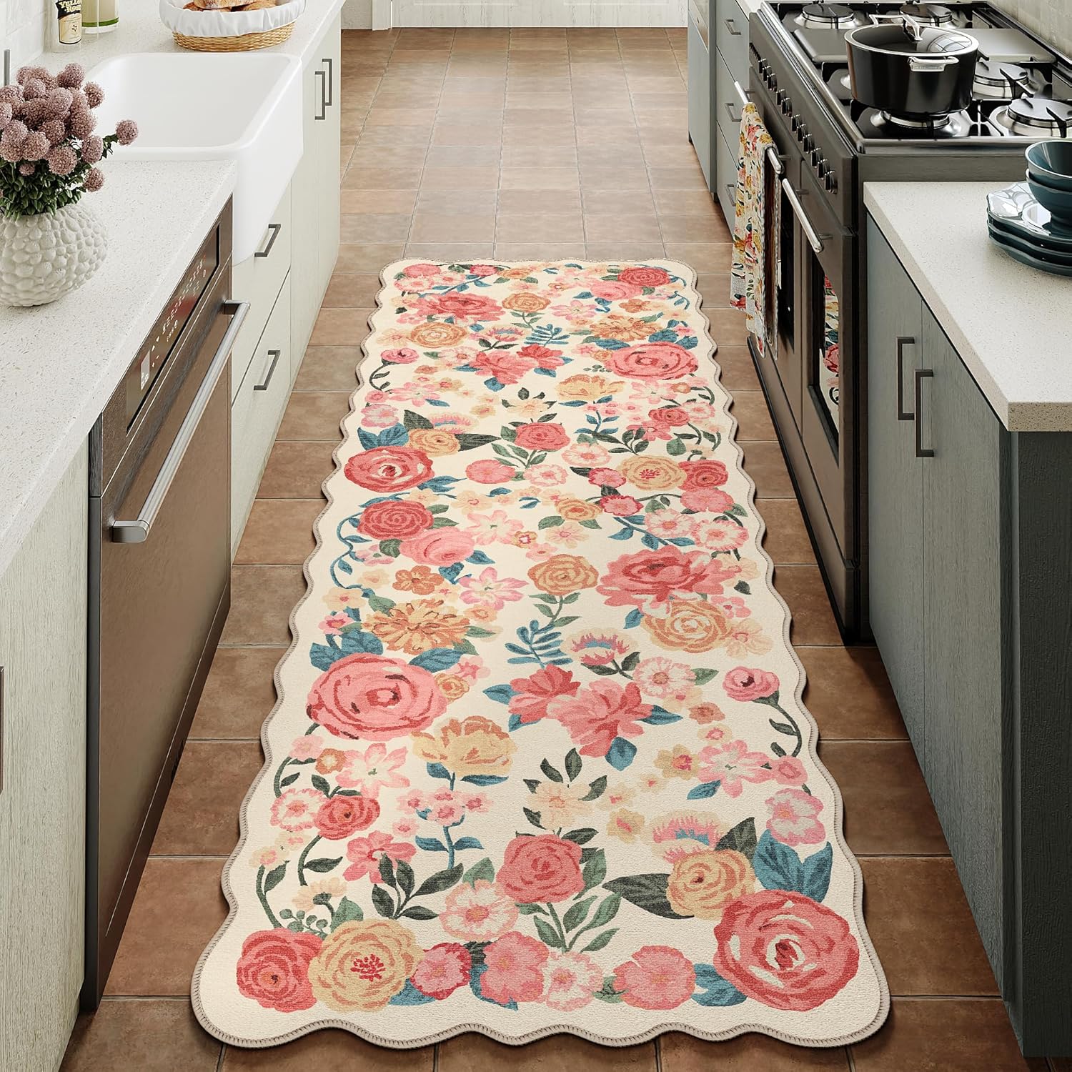 PureCozy Washable Floral Runner Rug 2x6 Beige