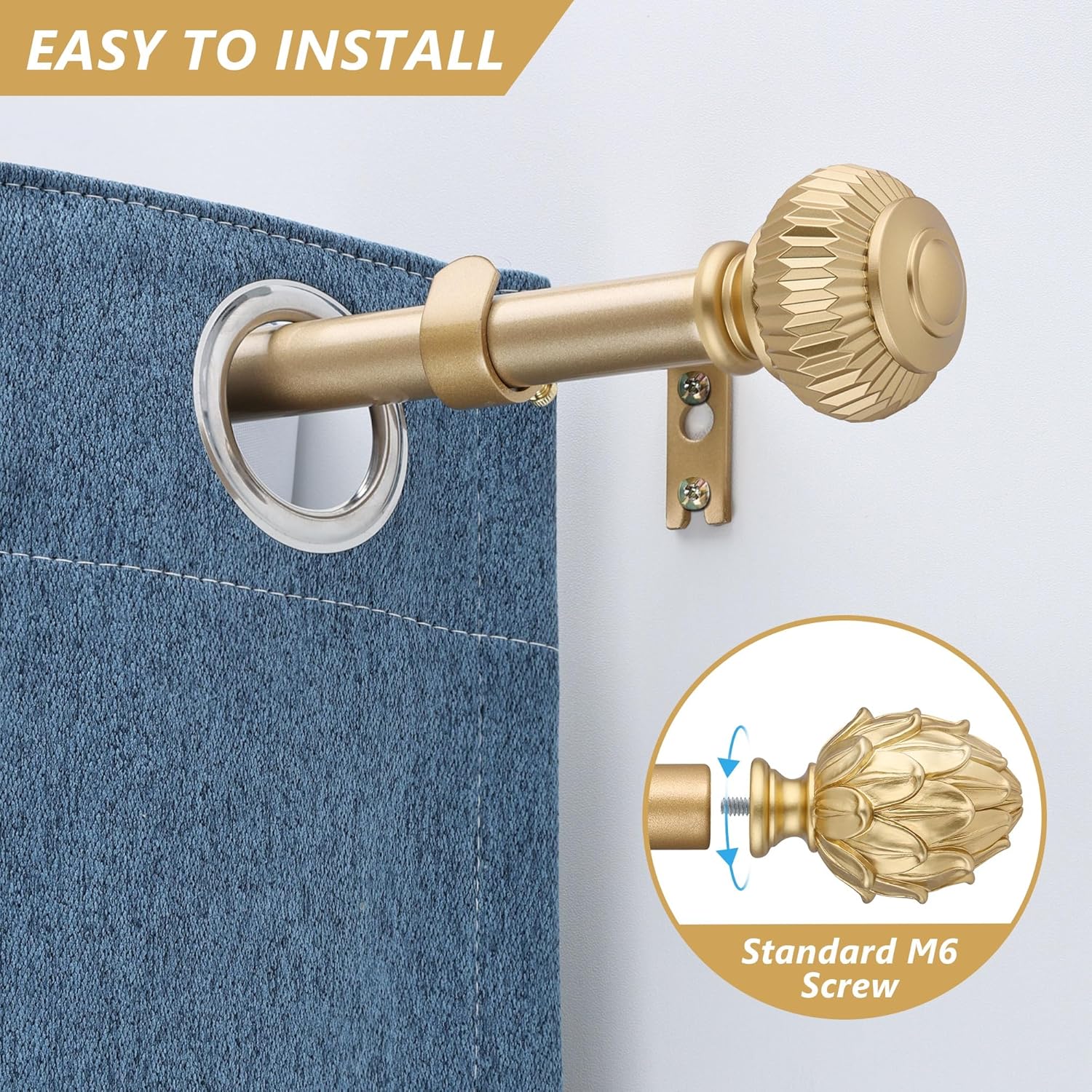 Adjustable Curtain Rods for Windows 28-48 Inches Gold Finials