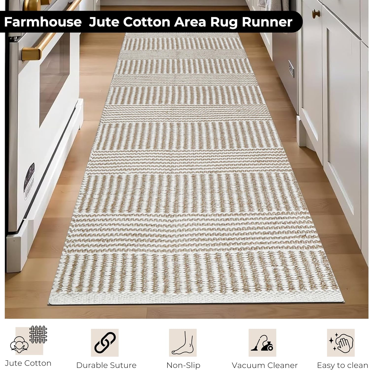 Bedding Craft Jute Cotton Stripe Area Rug Runner 24x72 Inch Natural Ivory
