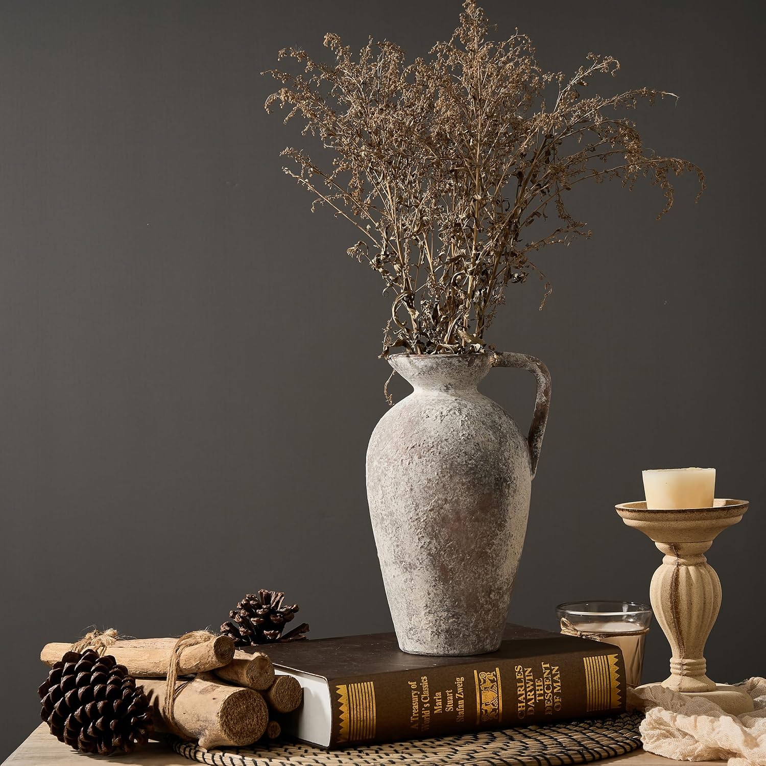 PORCER 93 Inch Antique Gray Ceramic Vase with Handle