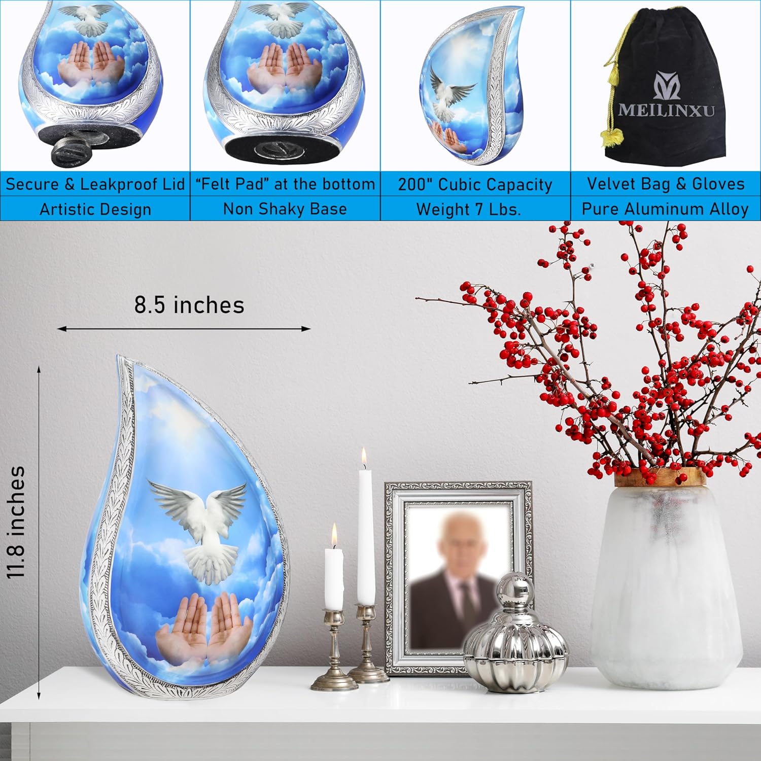 Blue Dove Teardrop Cremation Urn for Adult Large Size