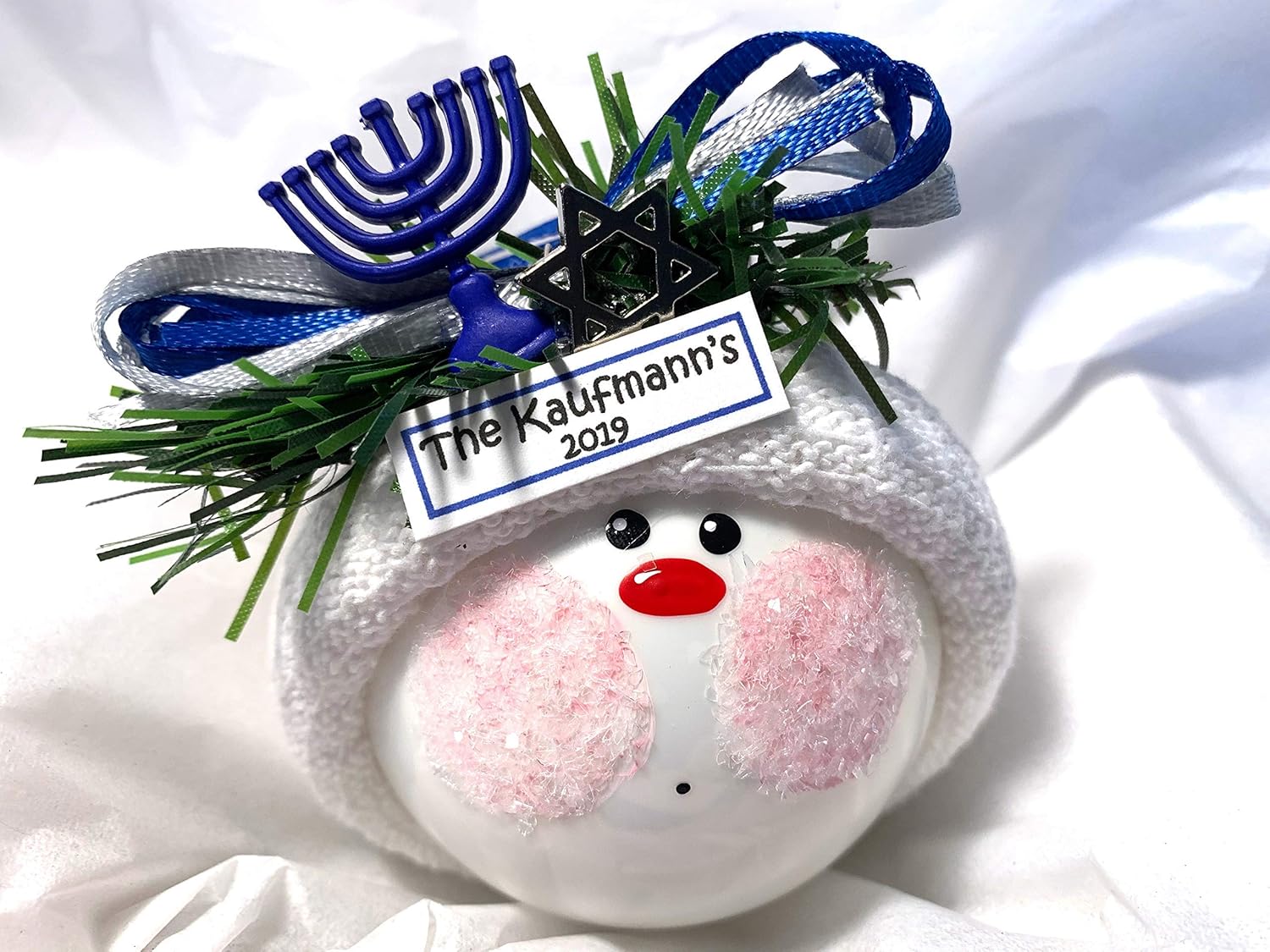 Handmade Hanukkah Glass Ornament Blue Menorah Star