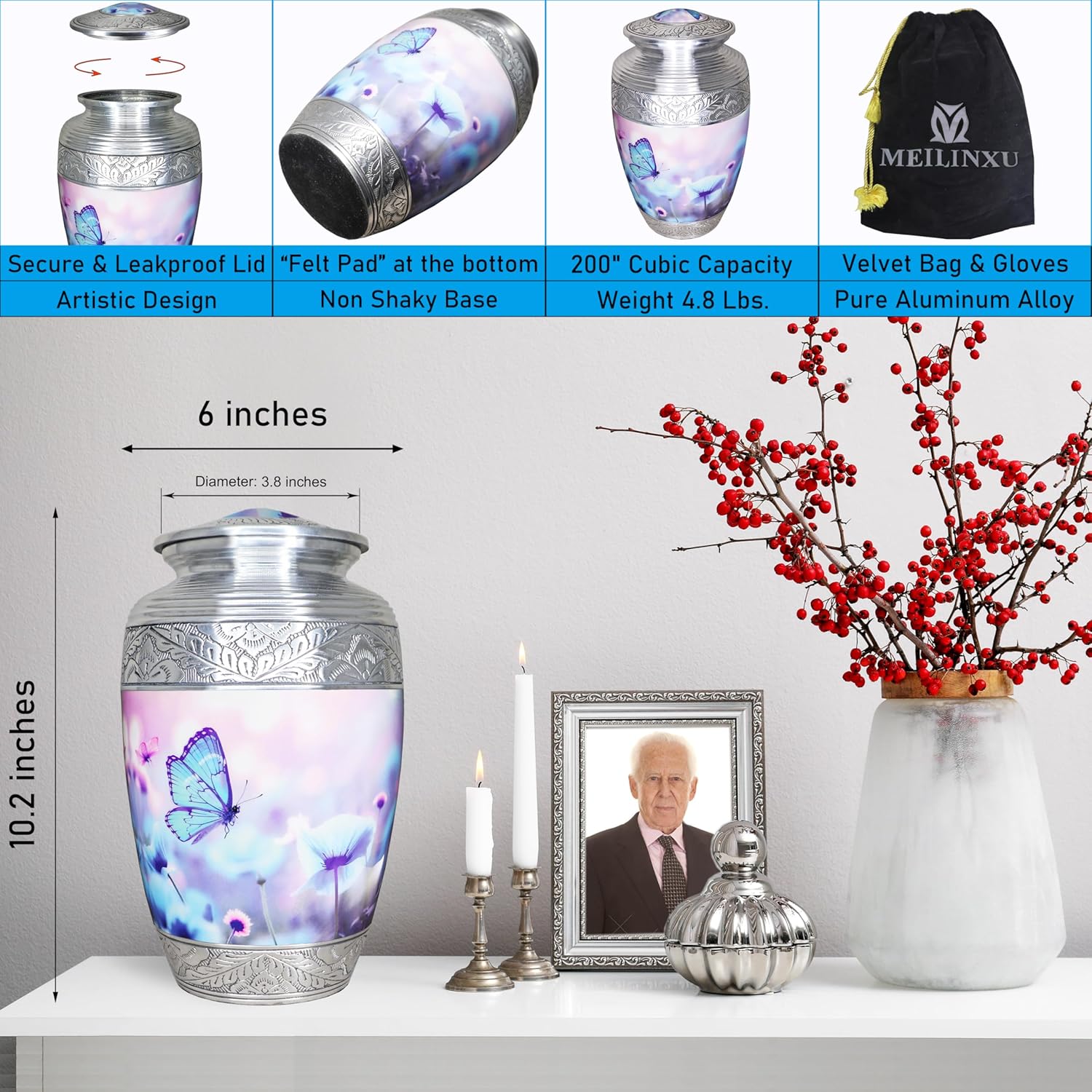 M MEILINXU Blue Butterfly Large Cremation Urn for Adult Ashes