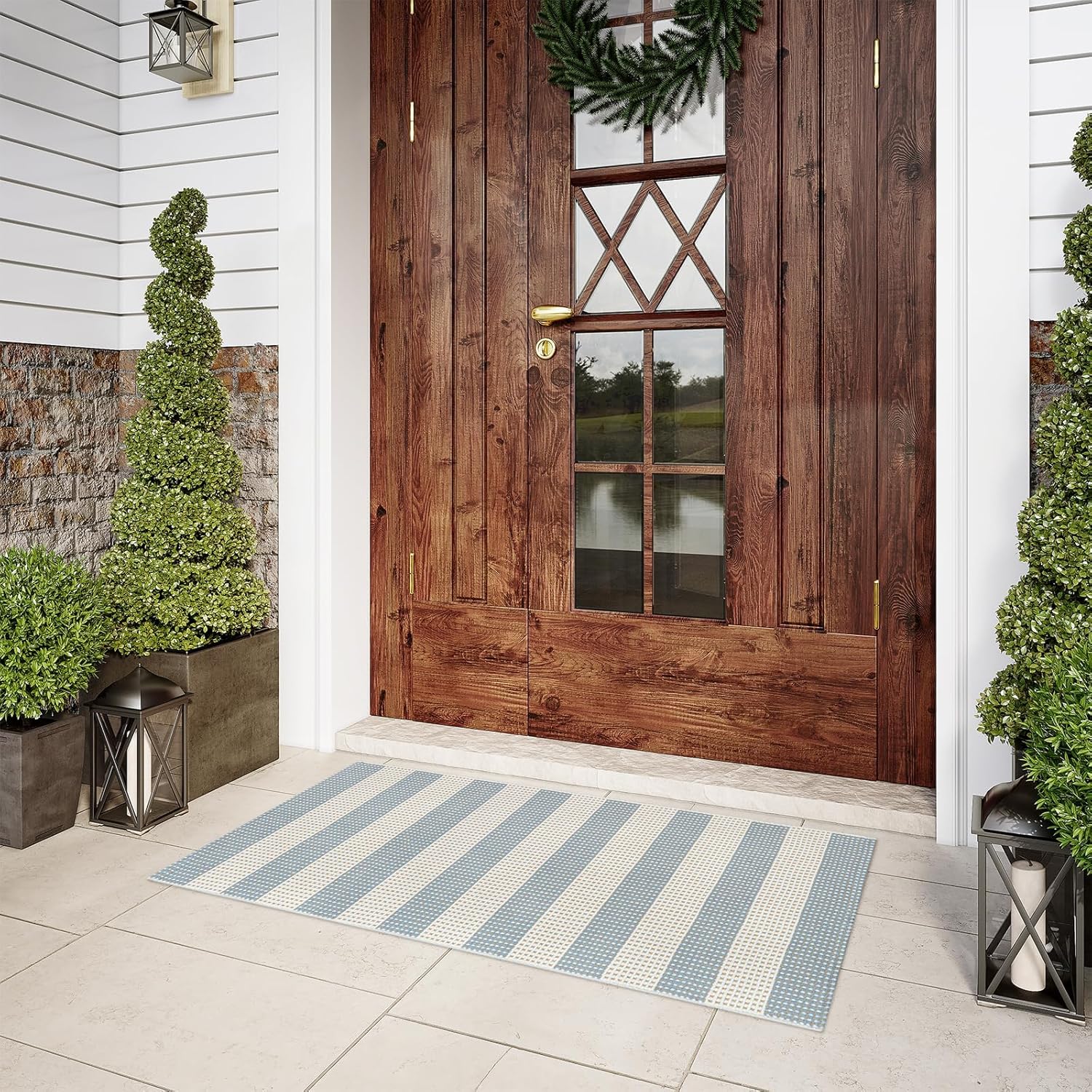 LEEVAN Blue White Striped Porch Rug 24x51