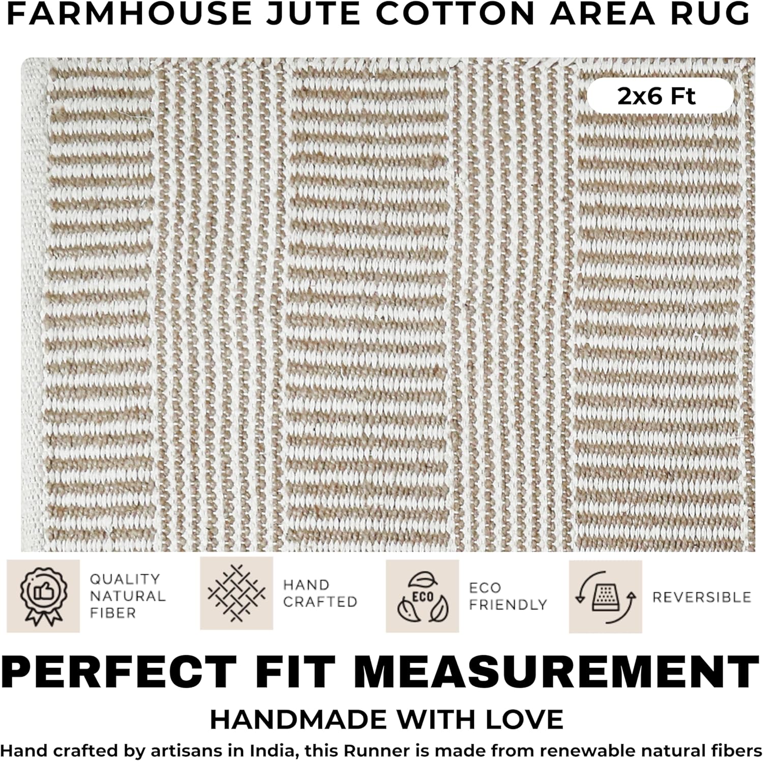 Bedding Craft Jute Cotton Stripe Area Rug Runner 24x72 Inch Natural Ivory