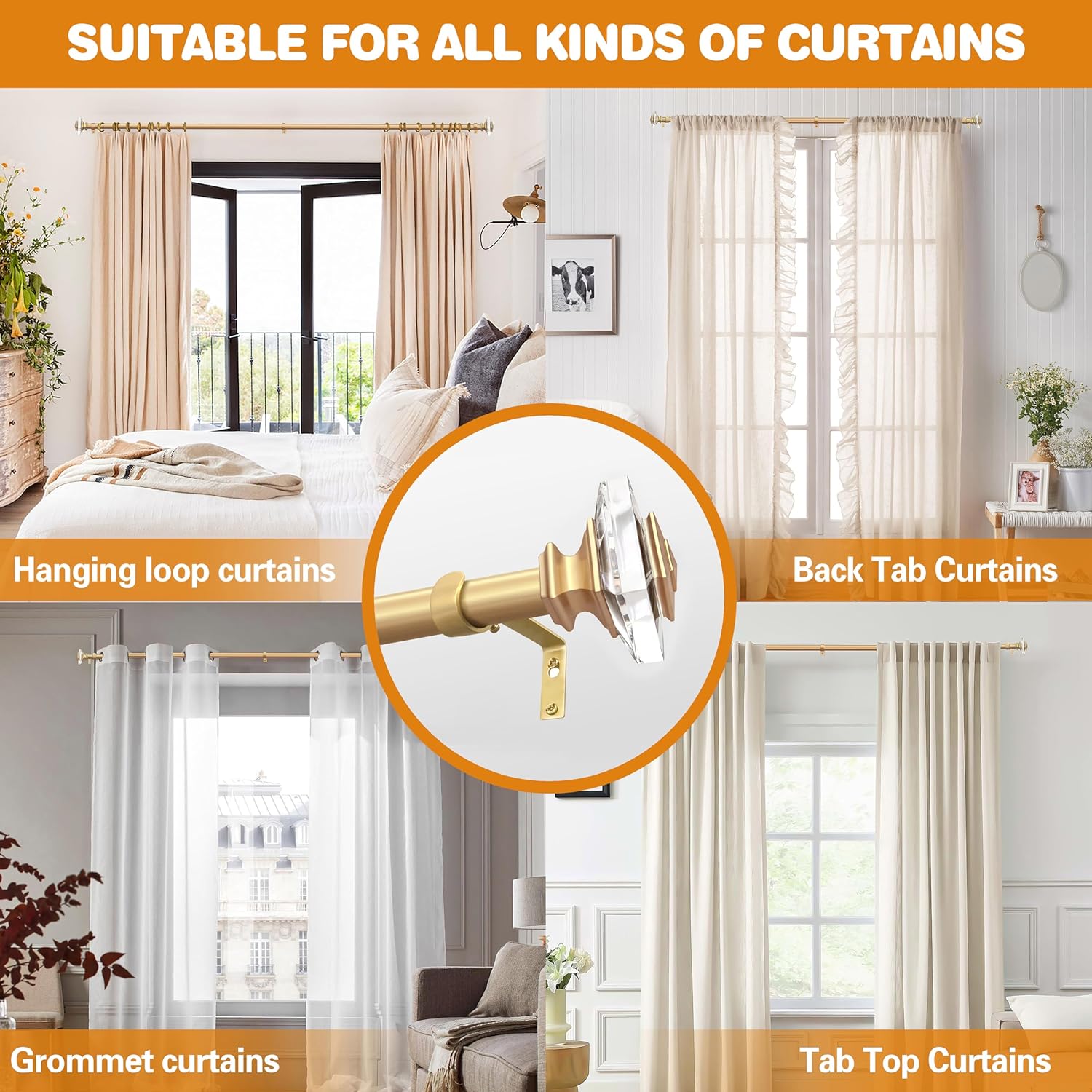 Exquisite Gold Adjustable Curtain Rod with Crystal Finials
