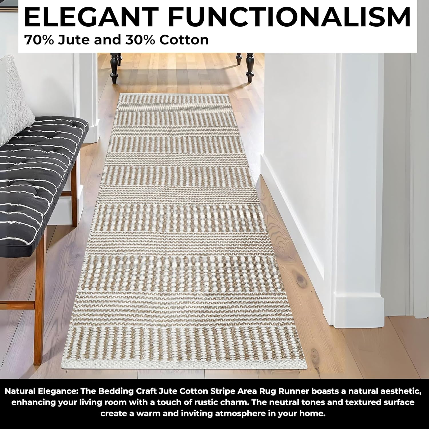 Bedding Craft Jute Cotton Stripe Area Rug Runner 24x72 Inch Natural Ivory