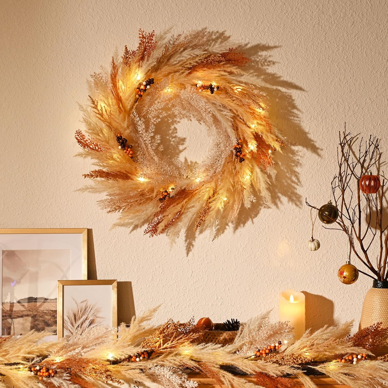 DecorbyHannah 24 Inch Pre-Lit Fall Door Wreath